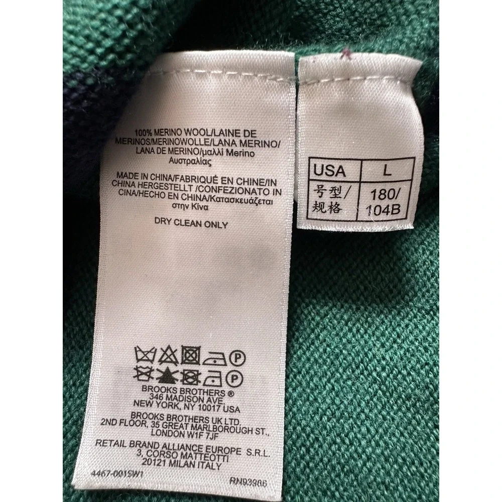 Brooks Brothers 346 Men Sweater LARGE Merino Wool Blue Green Stripe Crew Neck